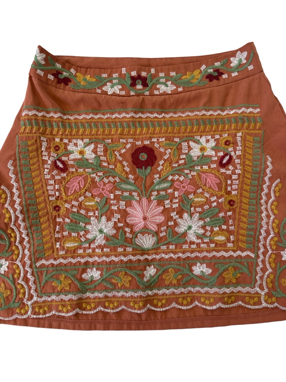 Floral Embroidered Patchwork Mini Skirt in Rust - Picture 4 of 7